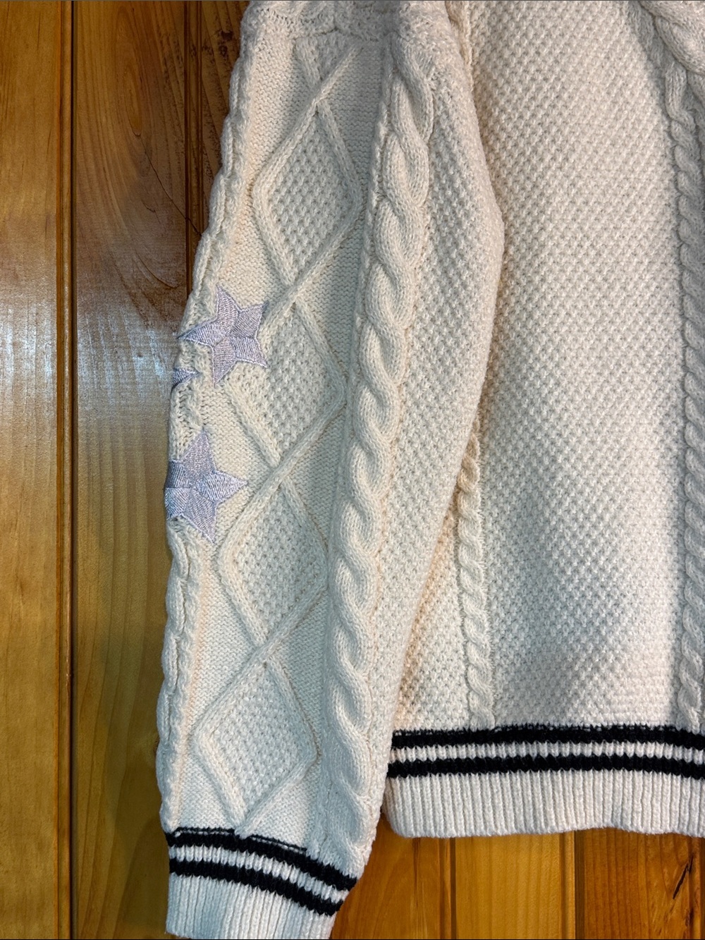 Taylor Swift Folklore Cream Cable Knit Cardigan with Navy Trim - Picture 4 of 9
